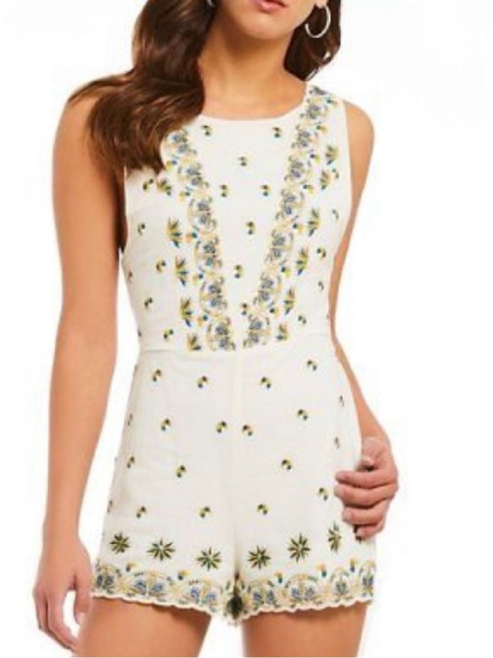 Free People Embroidered Romper Size 10 Ivory Floral Boho Sleeveless